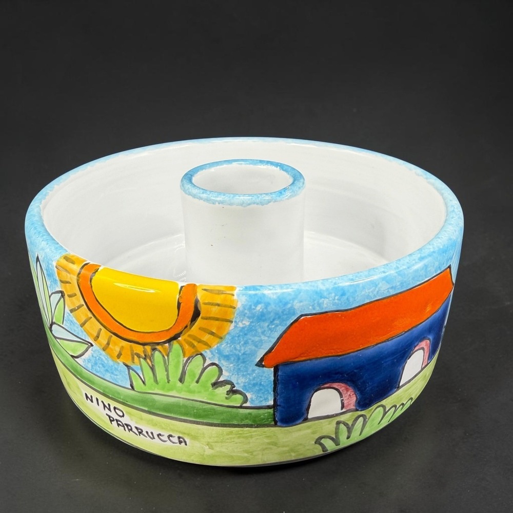 Nino Parrucca Italy Hand Painted Ceramic‎ Ring Mold Centerpiece Bowl Folk Art 6"